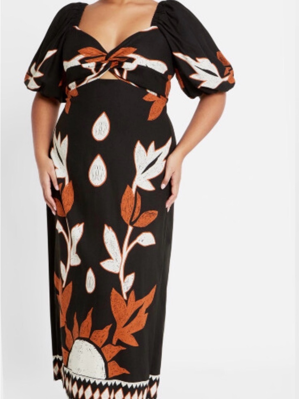 City Chic Black Maxi Dress with Rust & Ivory Floral Motif
